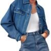 Women's Denim Jackets Vintage Washed Button Up Cropped Overs...