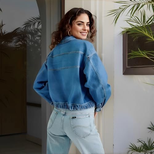 Women's Denim Jackets Vintage Washed Button Up Cropped Overs...
