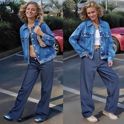 Women's Denim Jackets Vintage Washed Button Up Cropped Overs...