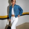 Women's Denim Jackets Vintage Washed Button Up Cropped Overs...