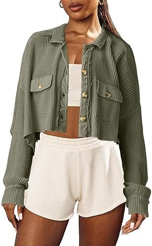 Panadila Women's Cropped Waffle Knit Shacket Short Button Do...