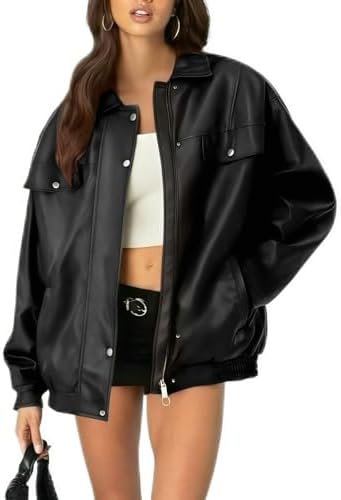 Womens Oversized Leather Jackets Faux Zip Up Motorcycle Bomb...