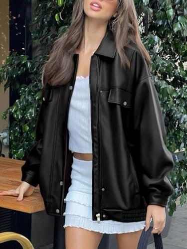 Womens Oversized Leather Jackets Faux Zip Up Motorcycle Bomb...
