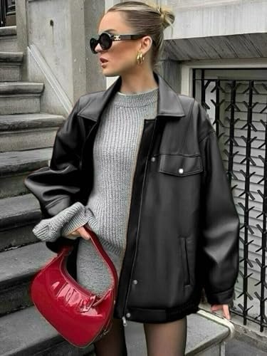 Womens Oversized Leather Jackets Faux Zip Up Motorcycle Bomb...