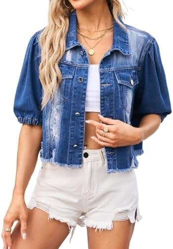 Women's Cropped Denim Jackets Short Sleeve Button Down Casua...
