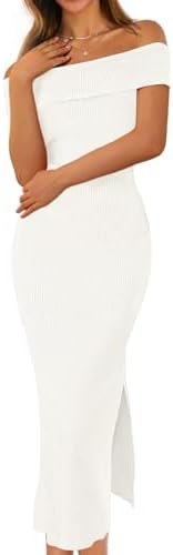 MEROKEETY Women's 2025 Off Shoulder Bodycon Midi Dress Summe...