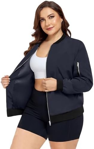 FOREYOND Plus Size Bomber Jackets for Women Zip Up Lightweig...