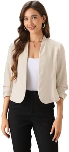 Allegra K Ruched 3/4 Sleeve Blazer Jacket for Women's Open Allegra K Ruched 3/4 Sleeve Blazer Jacket for Women's Open F...