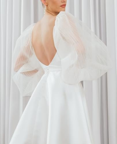 Women's Satin Short Wedding Dresses for Bride Puffy Long Sle...