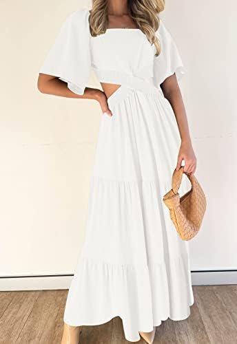 LEANI Women's 2025 Summer Cutout Maxi Dress Square Neck Shor...