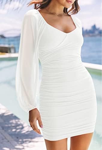 ZESICA Women's Sexy V Neck Ruched Bodycon Mini Dress Puff Lo...