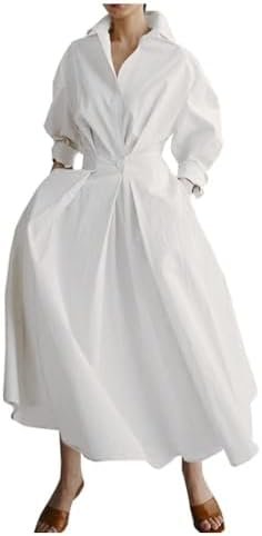 Womens Elegant High Waist Shirt Dress Cotton Linen Elastic L... Womens Elegant High Waist Shirt Dress Cotton Linen Elastic L...