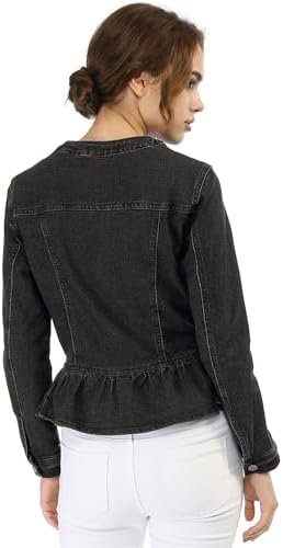 Allegra K Women's Peplum Denim Jackets Collarless Round Neck...