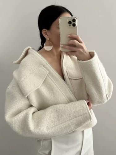 hathne Women's Wool Coat Casual Copped Bomber Jacket Zip Up ...