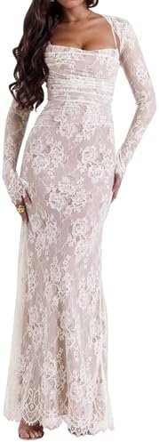 Women Cami Lace Maxi Dress Romantic Long Sleeve Lace Bodycon... Women Cami Lace Maxi Dress Romantic Long Sleeve Lace Bodycon...