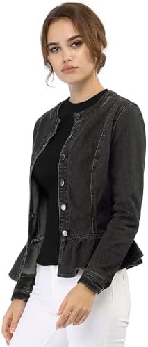 Allegra K Women's Peplum Denim Jackets Collarless Round Neck...