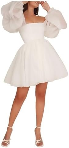 Women's Short Long Sleeves Wedding Dresses for Bride Tulle M... Women's Short Long Sleeves Wedding Dresses for Bride Tulle M...