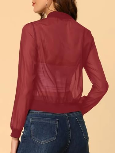 Fisoew Women's Crop Mesh Sheer Bomber Jackets Lightweight Lo...