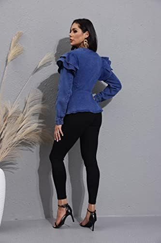 ECHOINE Women Casual Denim Jacket - Long Sleeve Zip Ruffle S...