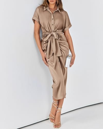 BTFBM 2025 Women Button Down Ruched Shirt Dresses Short Slee...