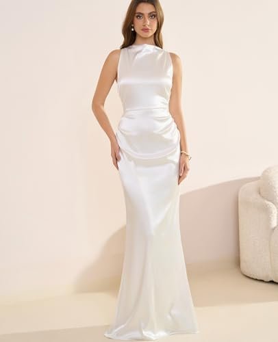 GLNEGE Women's Satin Mock Neck Maxi Formal Dresses Elegant S...