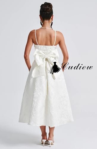 Cudiew Satin Jacquard Prom Dress Bow on Back Tea Length Cors...
