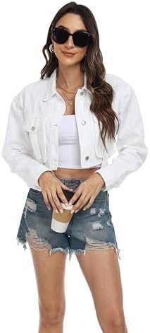 andy & natalie Womens Jean Jacket Cropped Fashion Button Dow...