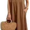 HOTYD Womens Cotton Linen Midi Dress Casual Loose Petite Sol...