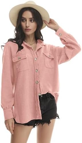 Yanekop Waffle Knit Button Down Shirt Womens Shacket Oversiz...