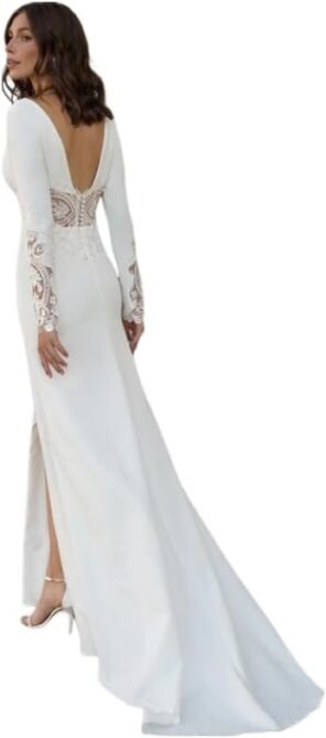 Wedding Dresses for Bride Long Sleeve Boat Neck Button Back ...