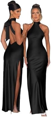 Cudiew Halter Tie Satin Bridesmaid Dress Long Prom Dresses f...