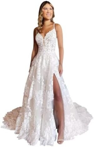 Dymaisei Spaghetti Straps Wedding Dresses with Slit Lace Bri... Dymaisei Spaghetti Straps Wedding Dresses with Slit Lace Bri...