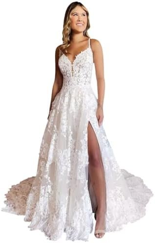 Dymaisei Spaghetti Straps Wedding Dresses with Slit Lace Bri...