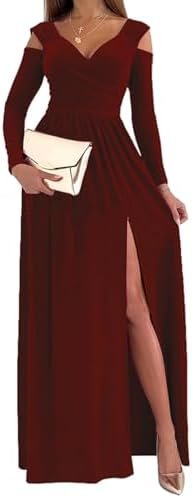 Women Long Sleeve Slit Maxi Long Dresses Deep V Neck Women Long Sleeve Slit Maxi Long Dresses Deep V Neck Cold Sh...