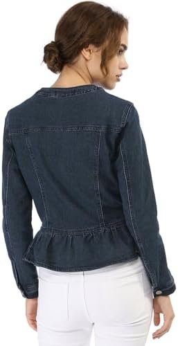 Allegra K Women's Peplum Denim Jackets Collarless Round Neck...