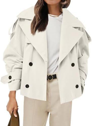 Tankaneo Womens Cropped Trench Coat Casual Double Breasted S...