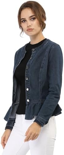 Allegra K Women's Peplum Denim Jackets Collarless Round Neck...