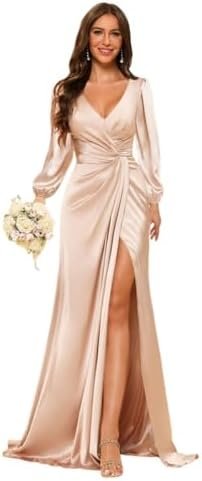 YMSHA Mermaid Satin Bridesmaid Dresses with Slit Long Sleeve...