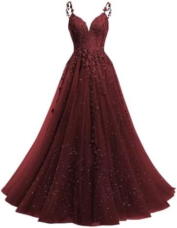 YMSHA V Neck Tulle Prom Dresses 2025 Long Sparkly Lace Forma...