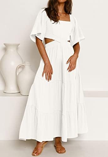 LEANI Women's 2025 Summer Cutout Maxi Dress Square Neck Shor...