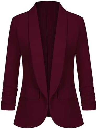 Women's Casual Open Front Blazers Shawl Lapel Ruched 3/4 Sle...