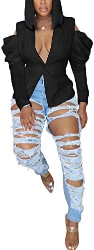 DINGANG Women's Casual Blazers Open Front Puff Sleeve Work O...