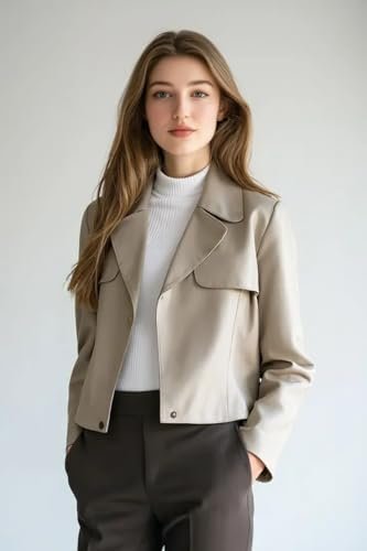 Cropped Leather Jacket Women | Genuine Leather Coat Snap But...