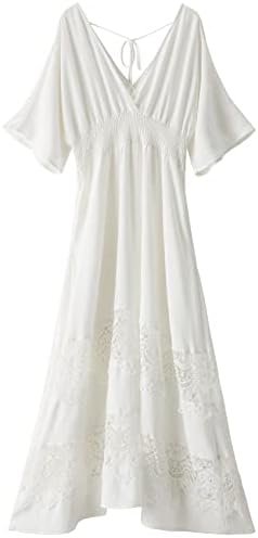 Women's Lace Maxi Dress Short Sleeve V Neck Party Dress Women's Lace Maxi Dress Short Sleeve V Neck Party Dress Smoc...