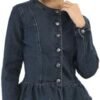 Allegra K Women's Peplum Denim Jackets Collarless Round Neck...