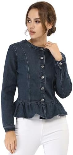 Allegra K Women's Peplum Denim Jackets Collarless Round Neck...