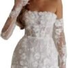 Women's Short Wedding Dresses with Detachable Sleeves Flower...
