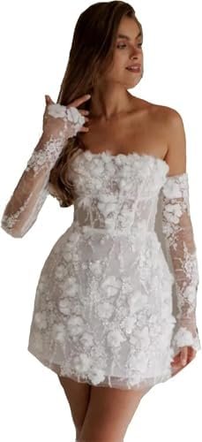 Women's Short Wedding Dresses with Detachable Sleeves Flower... Women's Short Wedding Dresses with Detachable Sleeves Flower...