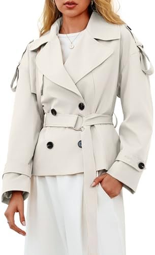 Tankaneo Womens Cropped Trench Coat Casual Double Breasted S...