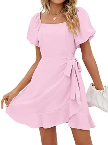 SAMPEEL Womens Summer Dresses Square Neck Puff Sleeve Tie Wa...